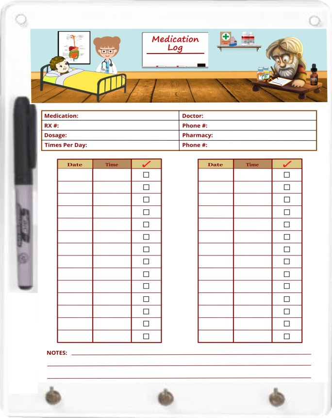Medication Log Checklist Dry Erase Board