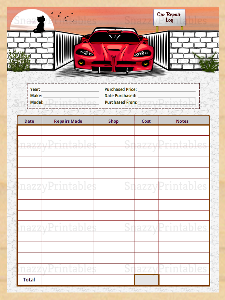 Editable Car Repair Log Printable Instant Download PDF