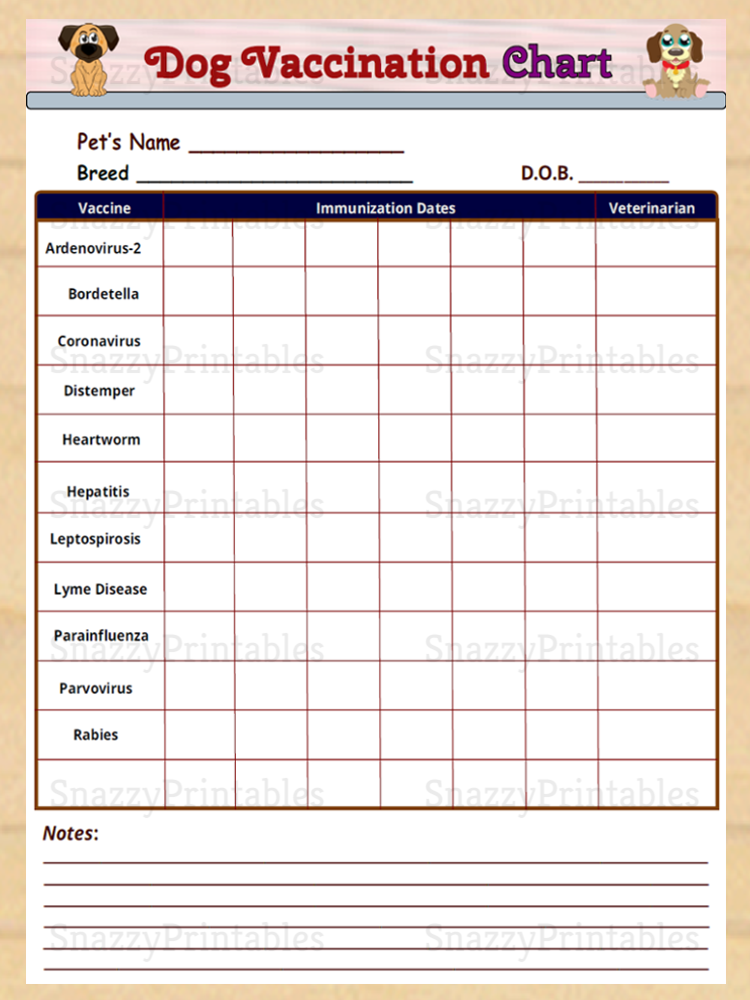 Printable Dog Vaccination Chart Instant Download PDF Snazzy Printables