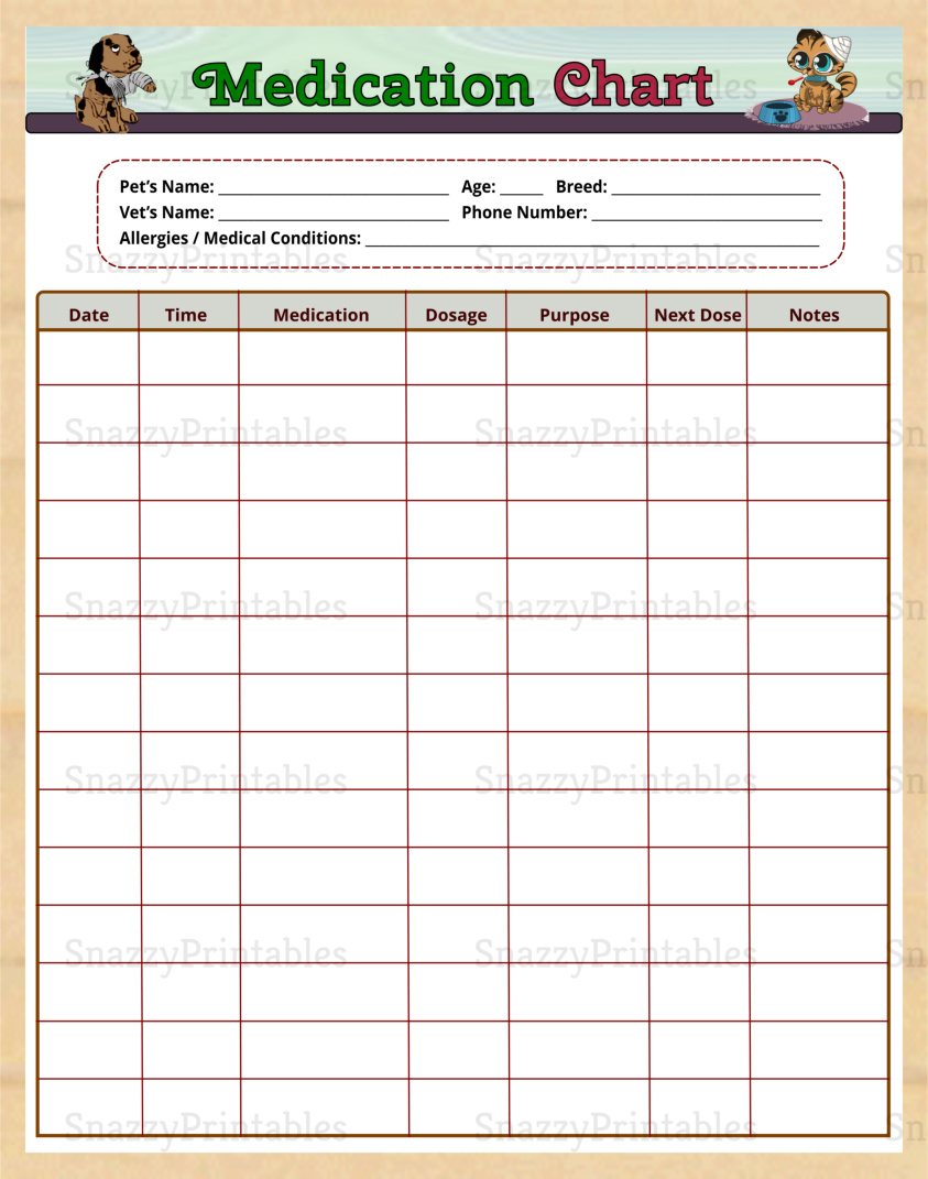 Pet Medication Chart Printable - Instant Download PDF