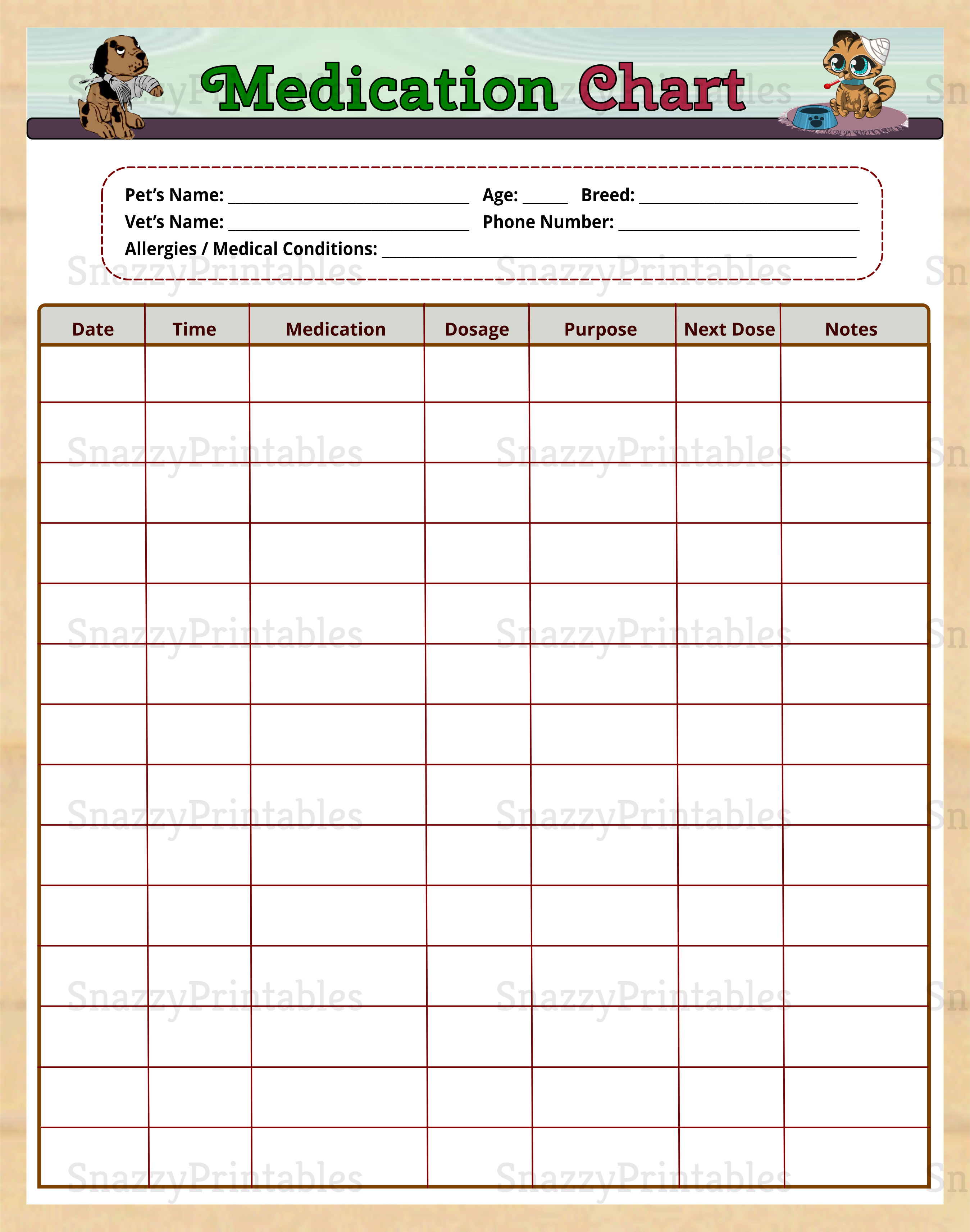 Printable Pet Medication Chart Instant Download PDF Snazzy Printables