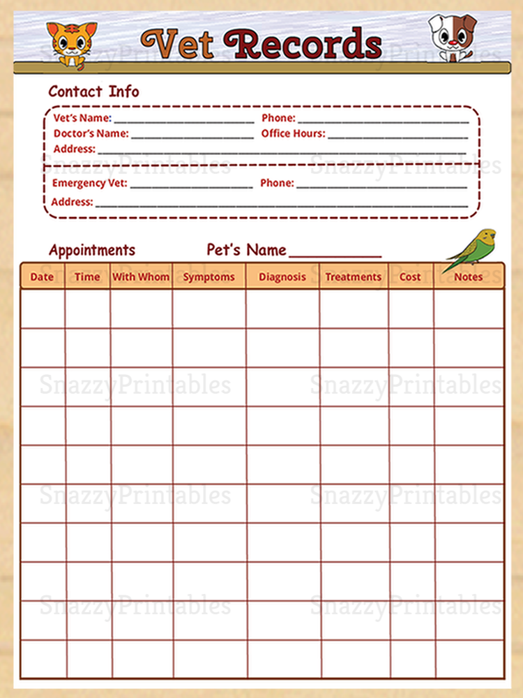 Veterinary Record Printable - Instant Download PDF