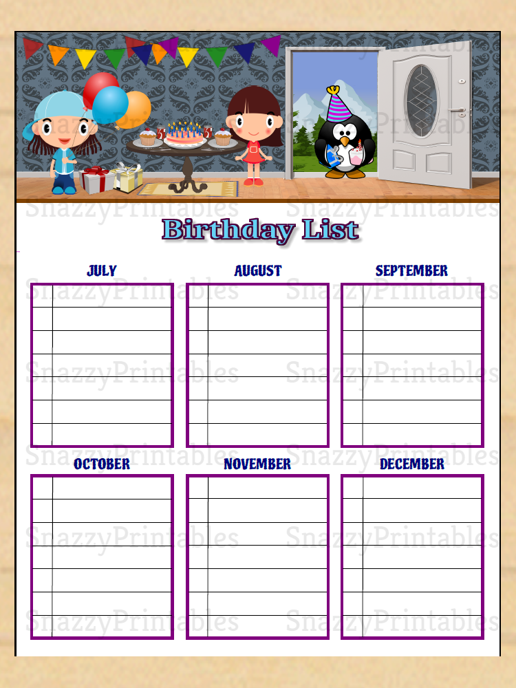 Birthday List Printable