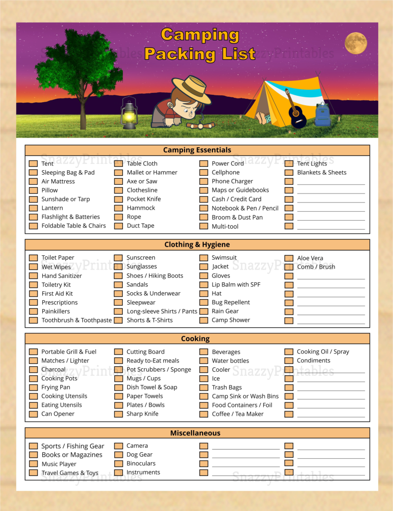 Camping Packing Checklist Printable - Instant Download PDF