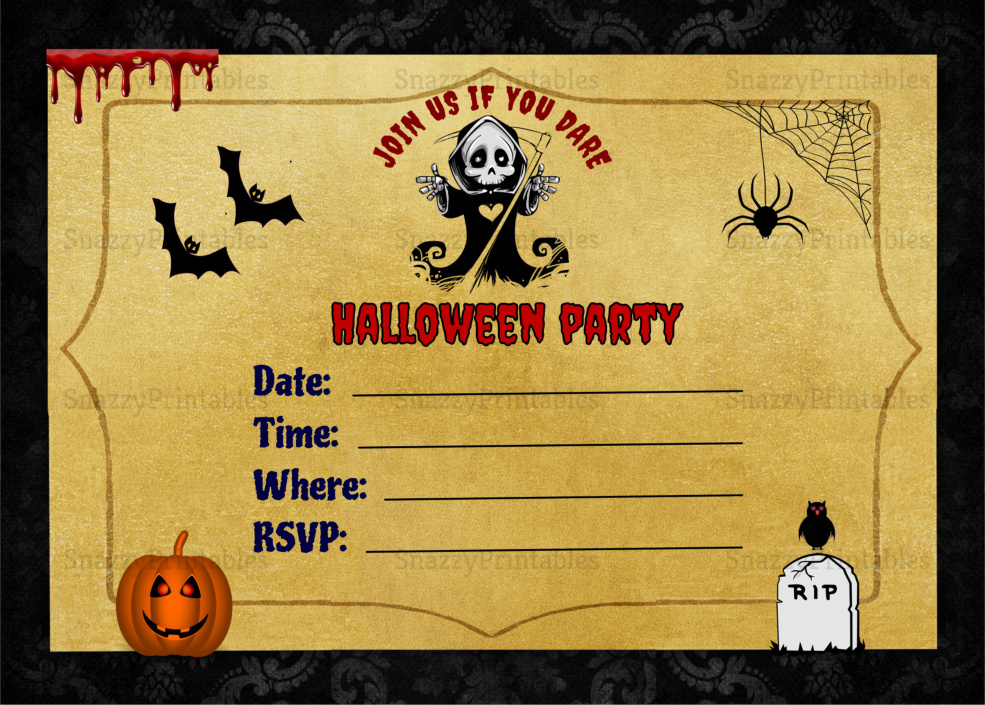 Halloween Party invitations feature Jason from Friday 13th on the front-sid...