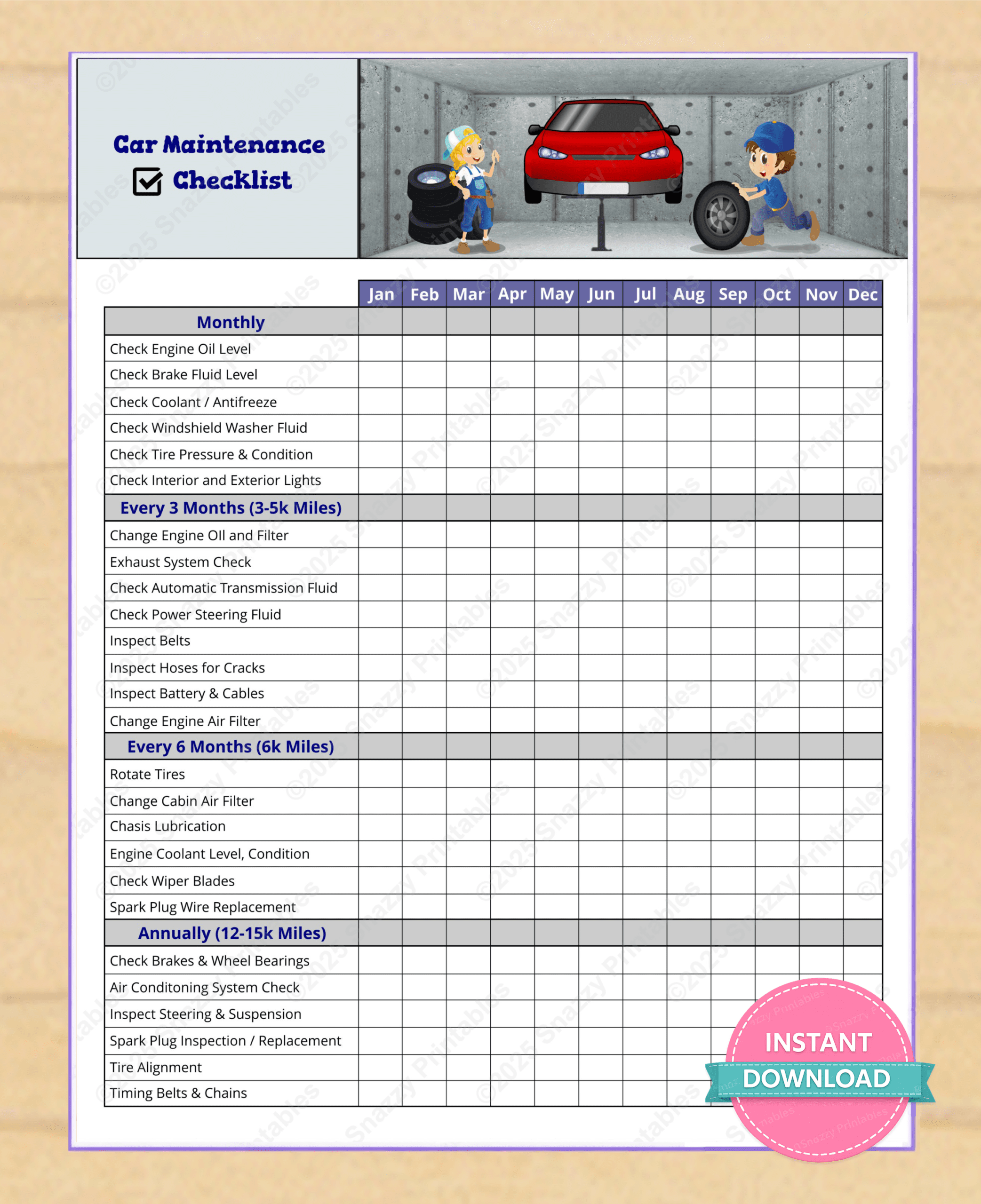 Car maintenance checklist printable from Snazzy Printables with monthly and annual service intervals.