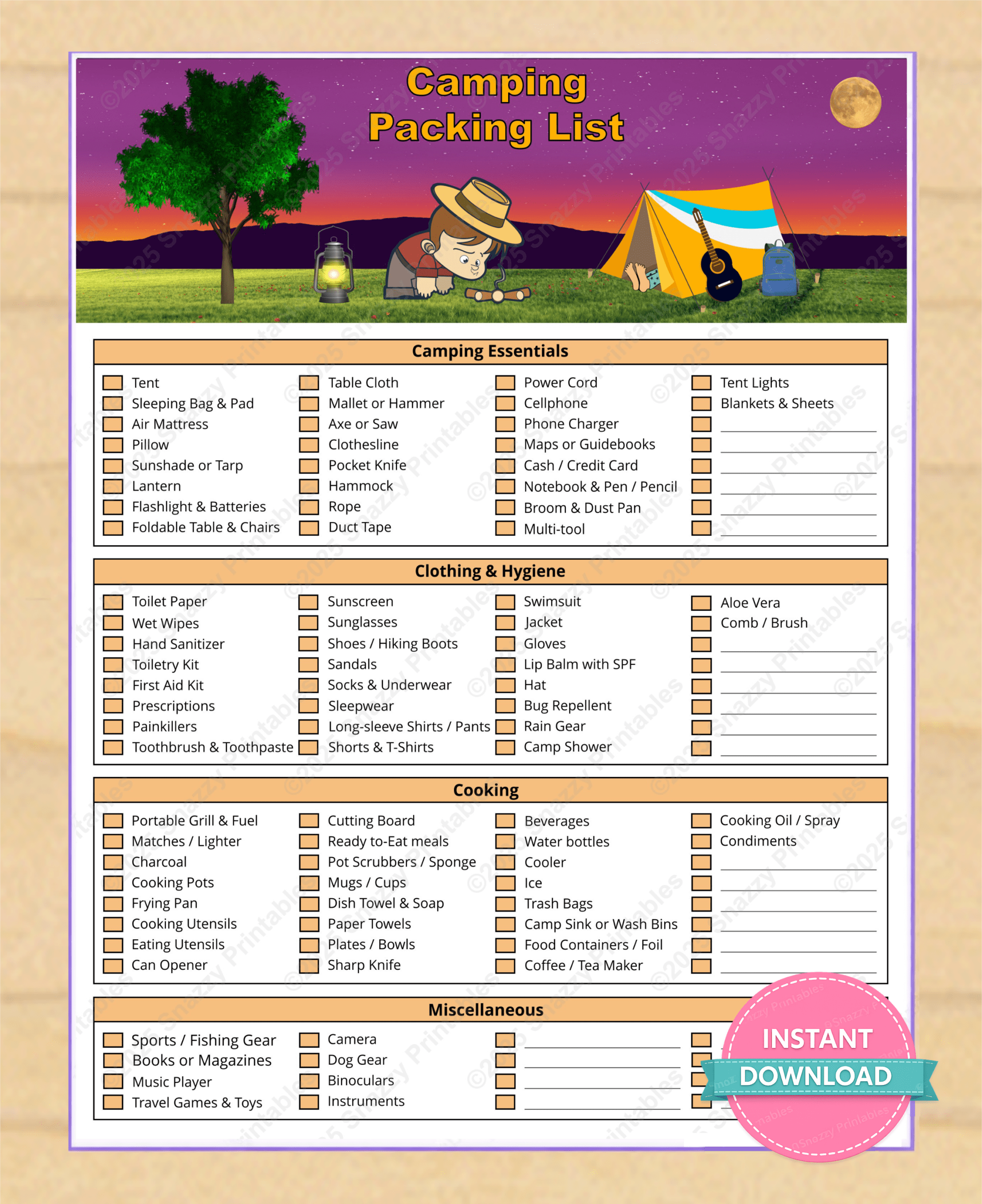 Camping packing list Printable with categories for cooking, clothing, and campsite to check-off as you pack.