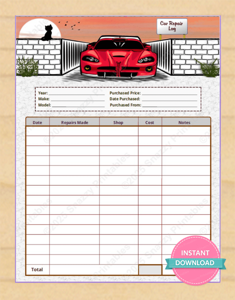Printable Car Repair Log & Maintenance Record: Instant PDF