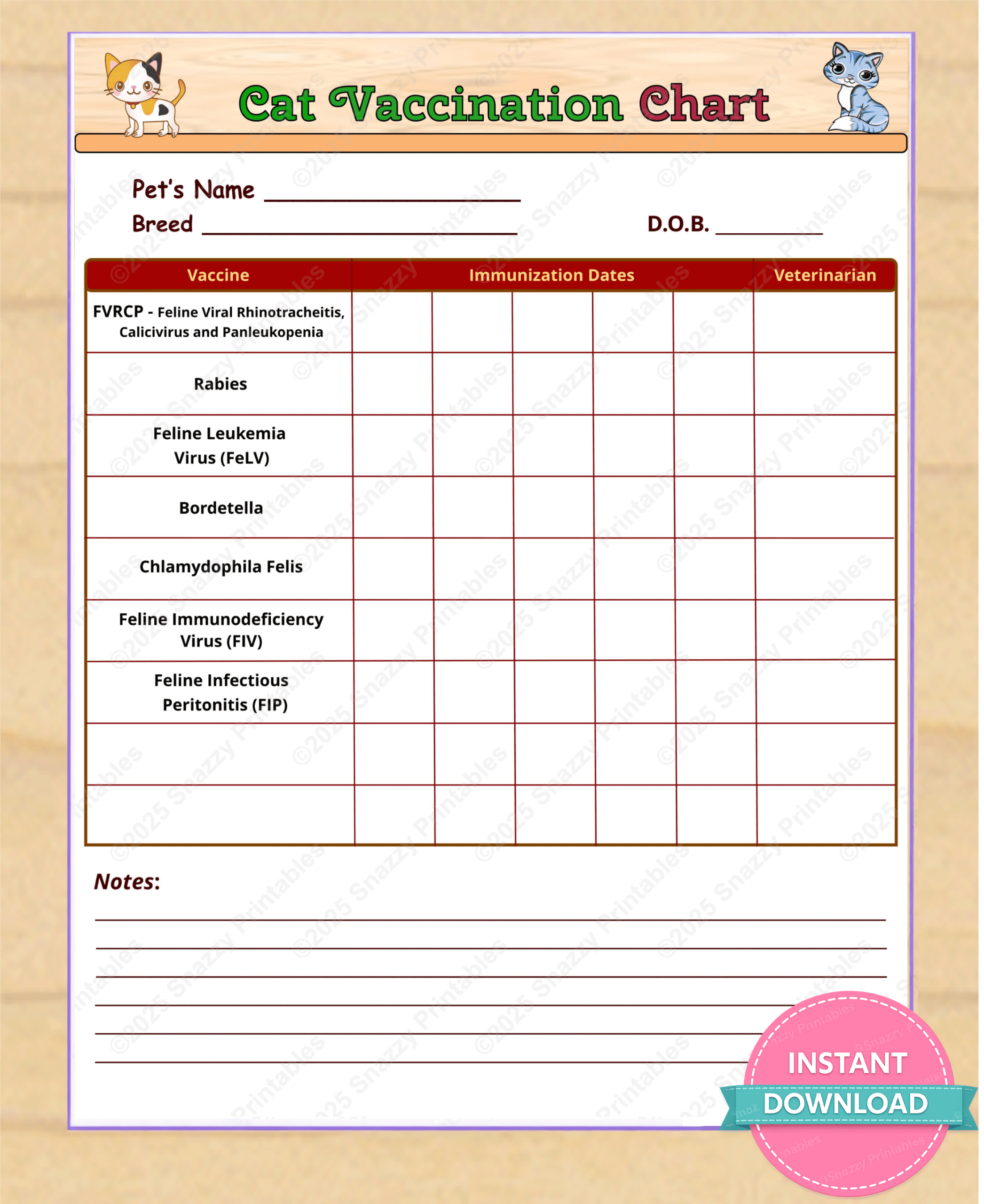 Cat vaccination chart printable with column for core and non-core vaccine dates.
