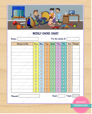 Children's weekly chore chart printable with points system and reward goal section.