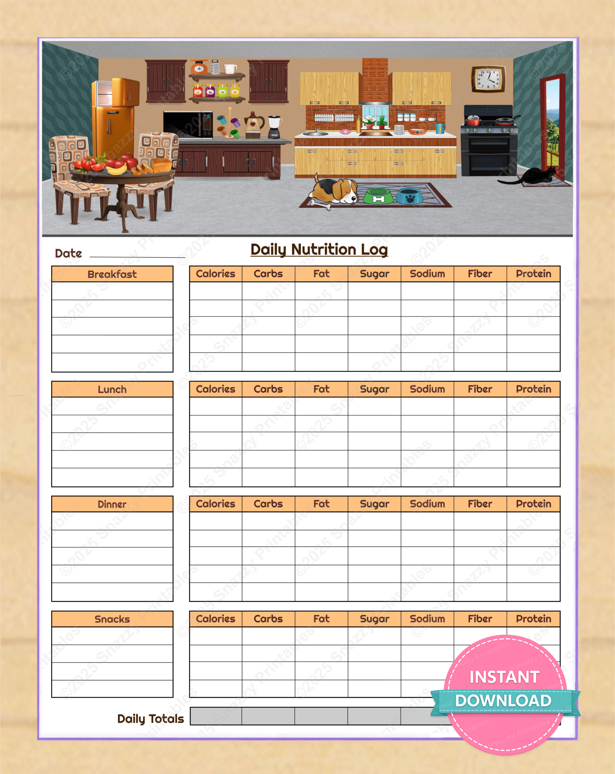 Daily nutrition log printable for tracking calories, sugar, carbs, & more!