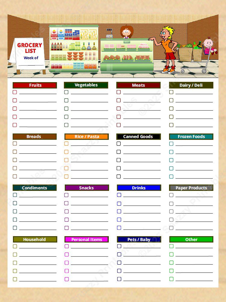 Printable categorized grocery list with sections for produce, meats, dairy, and canned goods.
