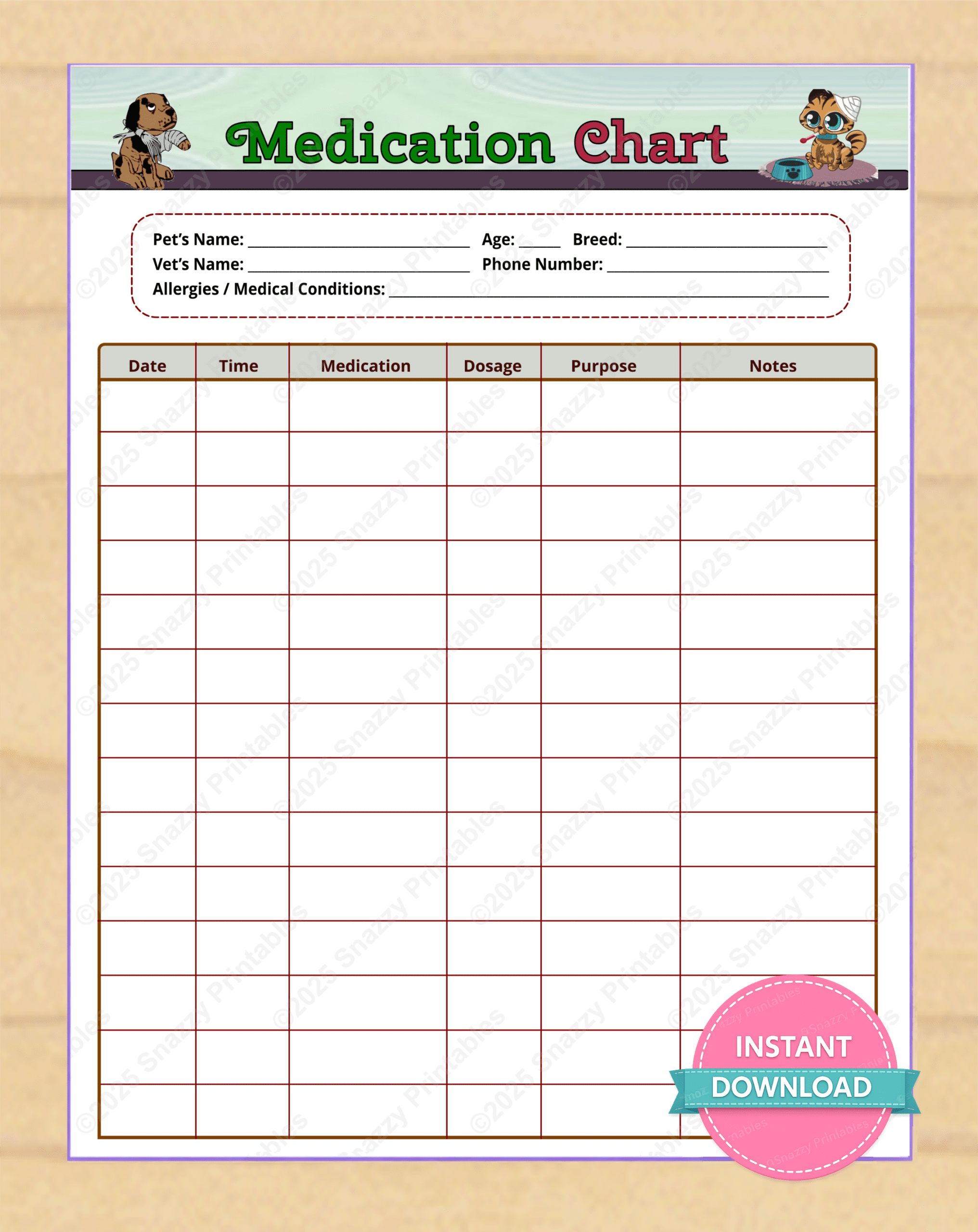 Pet medication chart printable tracker with columns for date, dosage, and medication purpose.