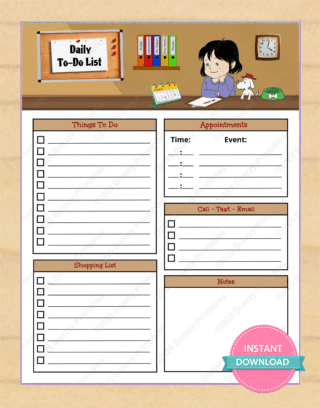Daily to-do list printable with sections for appointments, shopping, communication, and notes.