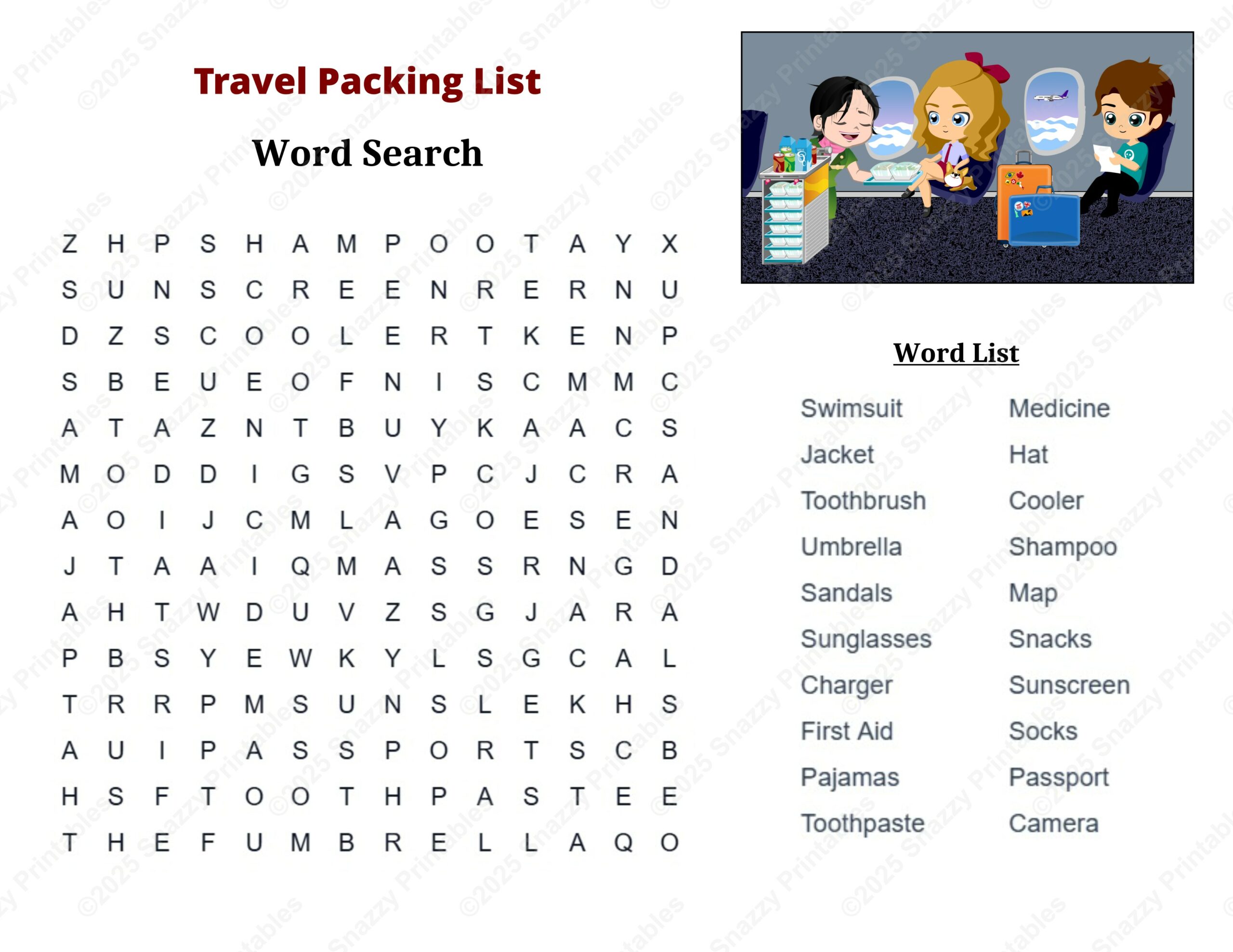 Free travel packing list word search printable with whimsical cartoon and vacation word list consisting of words such as sunglasses, map, and sunscreen.