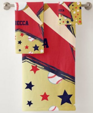 Personalized Baseball Bats Ball and Stars Gold Bath Towel Set