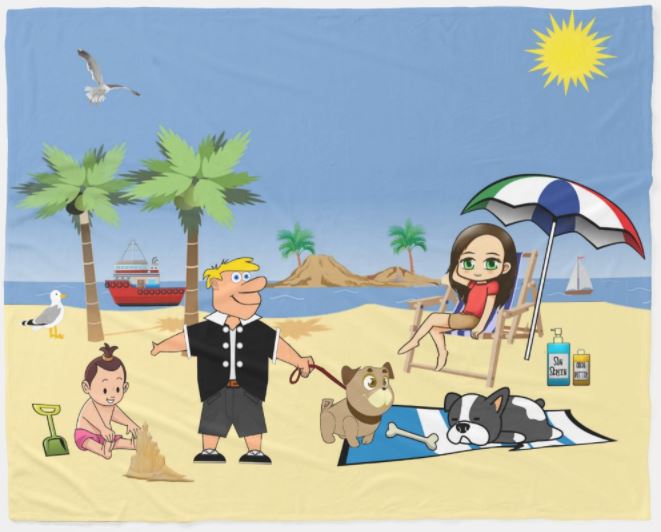 Beach Fun - Pug Givin' the Dog a Bone Fleece Blanket