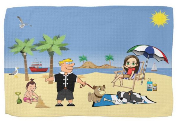 Beach Fun - Pug Givin' the Dog a Bone Kitchen Towel