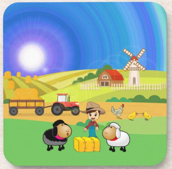Cute Farmhouse, Sheep, and Chicks plastic coaster