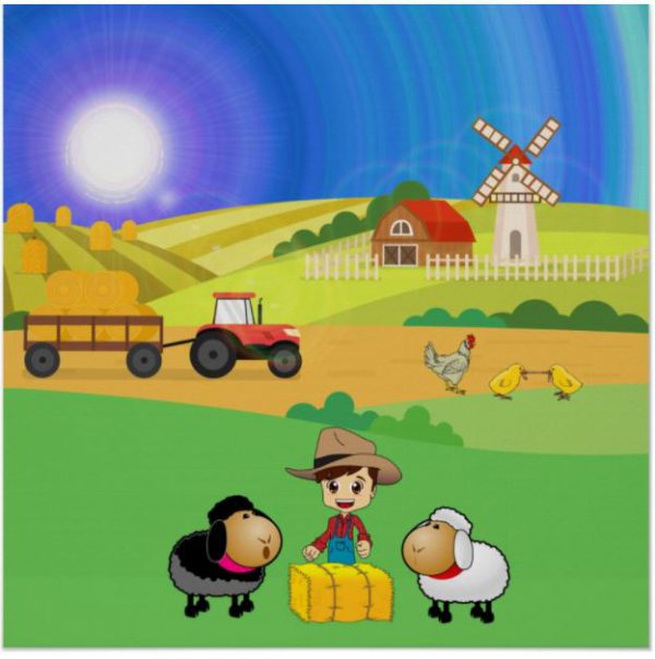 Cute Farmhouse, Sheep, and Chicks Poster