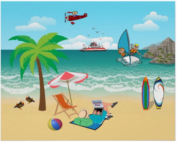 Kids Sailing, Mom Sun Tanning - Fun Beach Vacation Poster