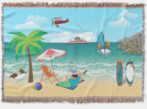 Kids Sailing, Mom Sun Tanning - Fun Beach Vacation Throw Blanket