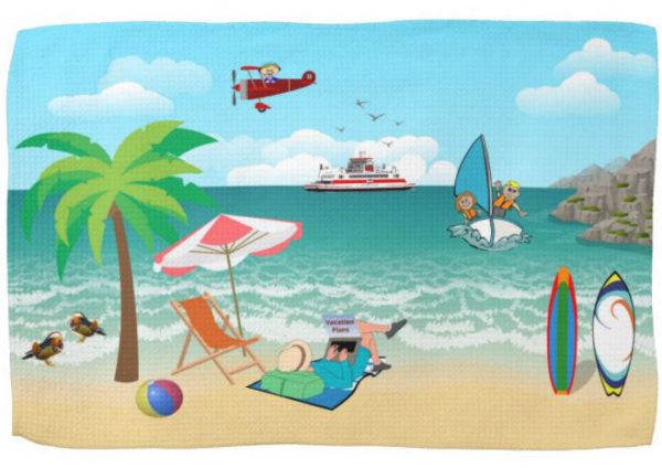 Kids Sailing, Mom Sun Tanning - Fun Beach Vacation Kitchen Towel