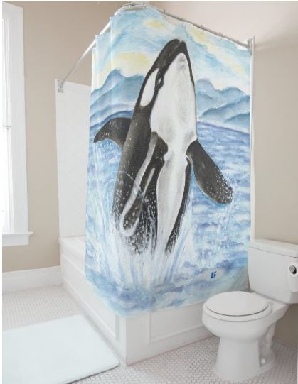 Watercolor Breaching Orca Whale Shower Curtain