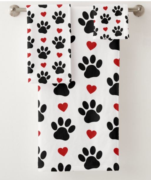 Dog Paws, Traces, Animal Paws, Hearts - Red Black Bath Towel Set
