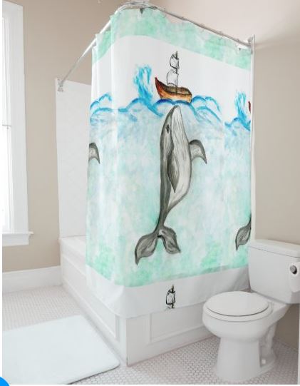Cute whale and boat watercolor shower curtain